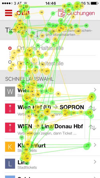 Gazeplot mit Blickverlauf einer Testperson in einer mobilen Ticket-App