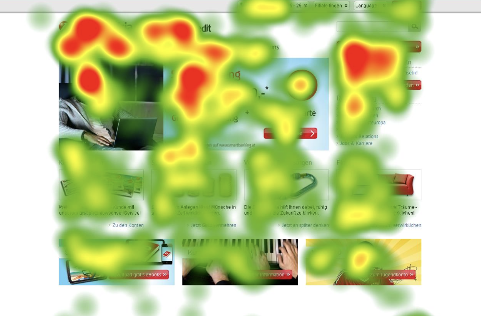 Heatmap einer Website: Rot markierte Bereiche erhielten besonders viel, grüne Bereiche weniger visuelle Aufmerksamkeit.
